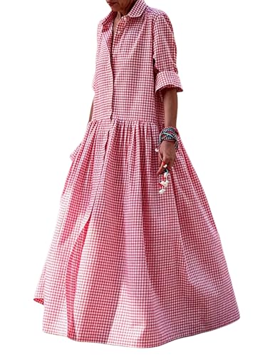 Image of chouyatou Women's Retro Plaid Button Down Maxi Shirt Dress Long Sleeve Button Up Gingham Swing Long Dress