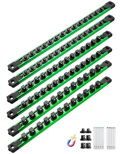 Image of ALOANES Magnetic Socket Organizer Set, 6PC Heavy Duty Aluminum Socket Holder Organizer, 360 Swivel Clips Socket Holder Kit for Toolbox Drawer Fit 1 /2, 3 /8, 1 /4-Inch x 80 Clips (Green, 6PC)