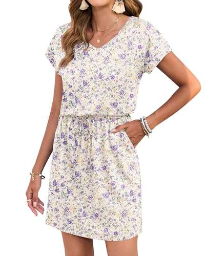 Image of AUSELILY Womens Summer Mini Dress, Short Sleeve V Neck Drawstring Casual | Soft smooth drape with an adjustable drawstring waist for beach, casual outings and daily wear
