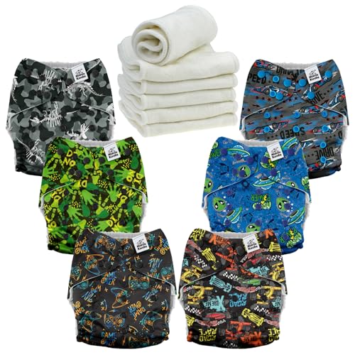 Image of Mama Koala 6 Pack Reusable Cloth Diapers 3.0 for Babies Girls Newborn, One-Size Adjustable Baby Diaper, Durable Stitching, Back Opening for Inserts, Breathable Awj Lining, Leak Prevention-Games&Aliens