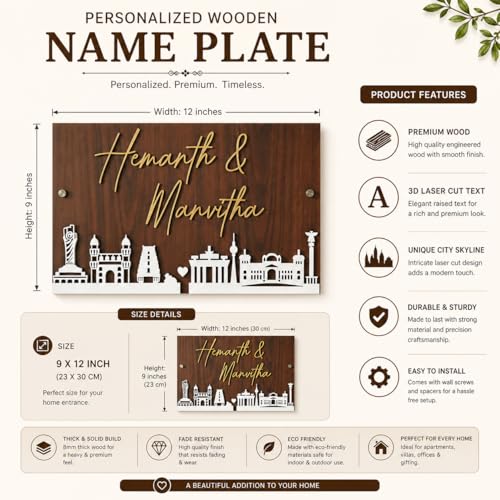 Image of Customized Wooden Name Plate for Home Entrance 12x7 Inch Rectangular Door Name Sign with Golden Acrylic Letters Personalized Couple Name Board Modern Decorative Wall Name Plate