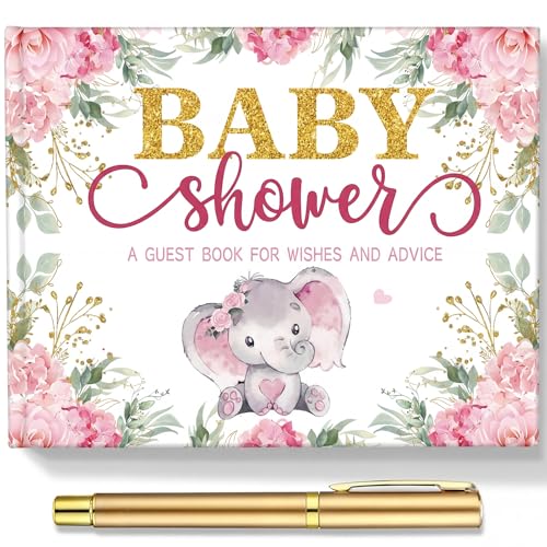 Image of Fuyoooo 27 Pcs Pink Elephant Baby Shower Guest Book Set Baby Shower Sign in Guest Elephant Book Place Table Cards with Gold Pen Adhesive Photo Corner for Birthday Party
