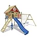 WICKEY Portique bois Smart Sky Aire de jeux Tour d'escalade avec 2 sièges de balançoire toit en bois et toboggan, toboggan bleu + bâche rouge-bleu