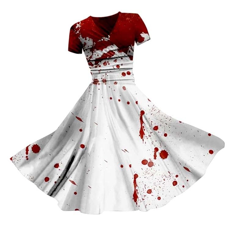 HUIFUAO Halloween Dresses for Women Scary Bloody Fancy Dress Plus Size Halloween Costumes V Neck Short Sleeve Party Evening Horror Festival Cosplay Outfits Clothes (Z01-Red #3, XS)