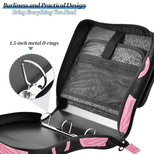 Image of Pink Bow Black Zipper Binder Bag 3 Ring Binder with Shoulder Strap Zip Up 500 Sheets Capacity Multi Pockets for School Office Supplies