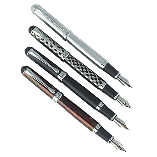 4 Pcs Jinhao X750 Fountain Pen Set, 4 Colors (Black, Red, Silver, Checked), Medium Nib With Ink Converter, Silver Trim, Gift Case #TOP2