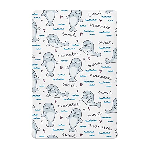 Image of Sea Manatee Valentines Crib Sheets Soft Breathable Fitted Baby Crib Sheets Mattress Cover for Girl Boys, 52 inch x 28 inch x 9 inch
