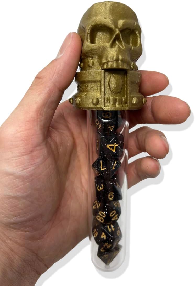 MunnyGrubbers - Skull Potion Vial Dice Holder - (Random 7PCS D20 Dice Set Included) - Dice Storage and Display - Tabletop RPG - DND - D&D - (Bronze)