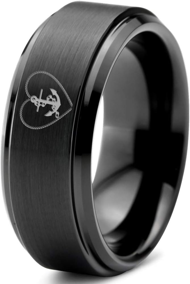 Anchor Sailor Heart Love Ring - Tungsten Band 8mm - Men - Women - 18k Rose Gold Step Bevel Edge - Yellow - Grey - Blue - Black - Brushed - Polished - Wedding - Gift Dome Flat Cut