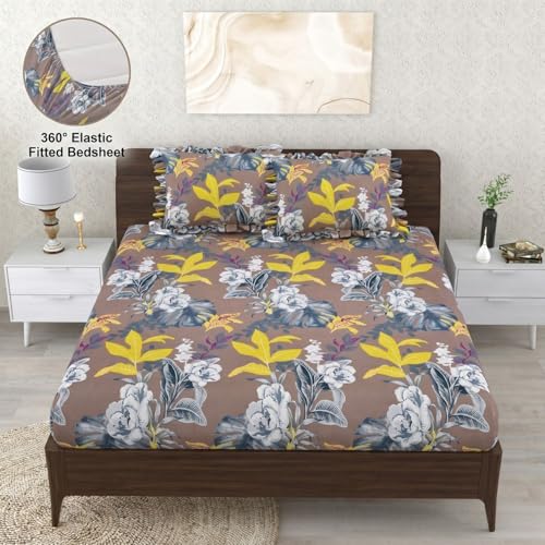 Image of Dream Weaverz- Polycotton Printed Double Bed Size Fitted Elastic Bedsheet,2 Pillow Cover,260 Thread (72 inch x 78 inchx7 inch) Home, Bedroom (Brown-Yellow, King)