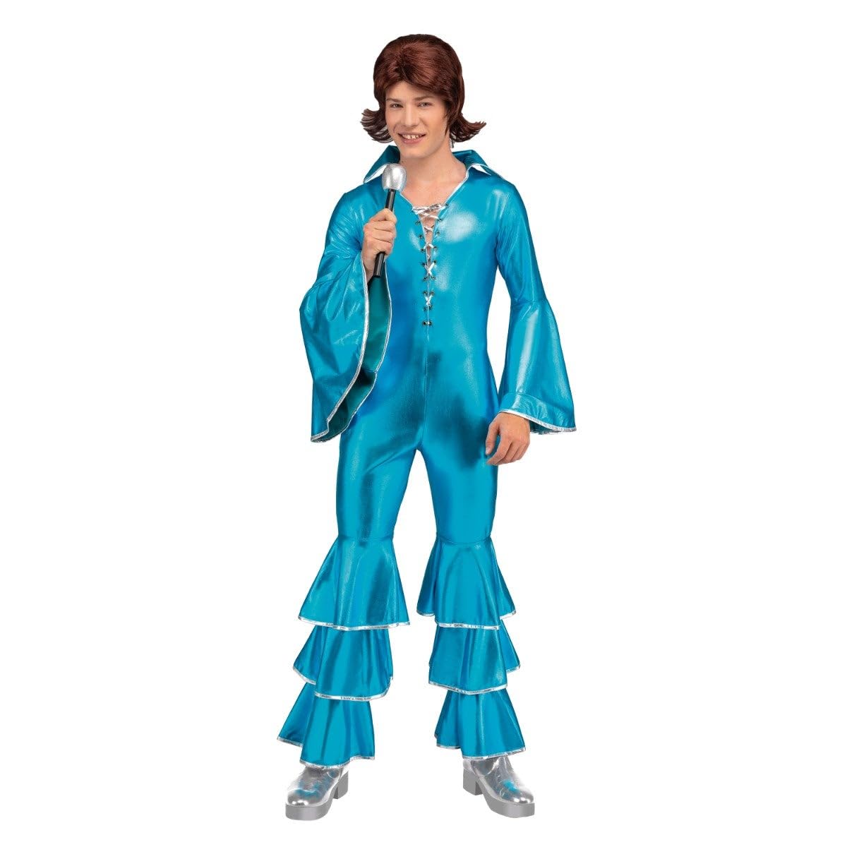 My Other Me - Disfraz Disco Hombre. Incluye mono azul brillante con mangas y pantalones acampanados decorados con volantes y ribetes y detalles en plateado. Brilla con estilo.