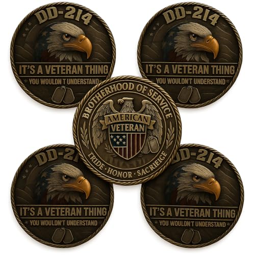 DD-214 Veteran Challenge Coin – American Veteran Military Service Token, Eagle Emblem Collectible Coin, Brotherhood of Service, Pride Honor Sacrifice Gift for Veterans (5-PC)