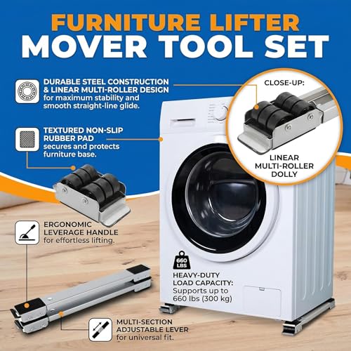 Image of Heavy Duty Adjustable Appliance Rollers | Extendable Washing Machine Trolley & Fridge Stand with 24 Wheels | Anti-Slip Furniture Mover Base with Brake Lock (Up to 300 KG Capacity)