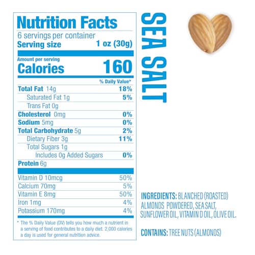 Image of AlmondRx | Heart Healthy Skinless Lightly Salted California Almond Snack Packs | Fortified with Vitamin D | Plant Protein | Keto | Vegan | No Sugar Added (6 Ounce (Pack of 1), Sea Salt)