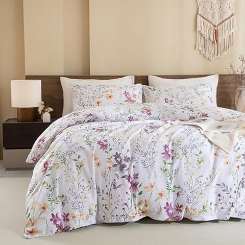 QSH 100% Egyptian Cotton Duvet Cover Set King Size Wild Flower Bedding Floral Printed Pattern Duvet Cover Elegant and Shabby Cover 3 PCs Soft Breathable Cover