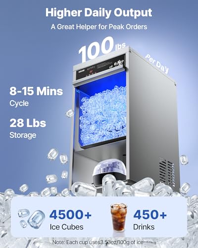 Image of VEVOR Commercial Ice Maker Machine, 100 lbs /24h with 30-35 lbs Storage, Bullet Ice,Built-in /Freestanding /Under Counter, Stainless Steel Ice Maker with LED Display for Home Bar Restaurant
