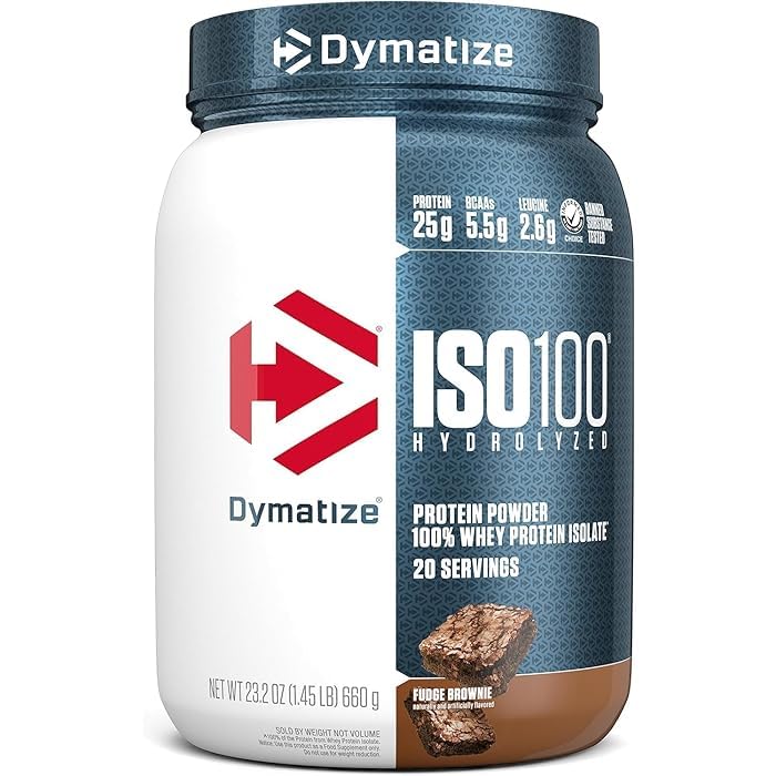 Image of Dymatize Nutrition ISO100 Whey Protein Powder Isolate, Fudge Brownie, 25G of Protein, 20 Servings, 5.5G BCAAs, Less Than 120 Cal., Gluten Free, 1G Fat, 1G Sugar, 2G Carb