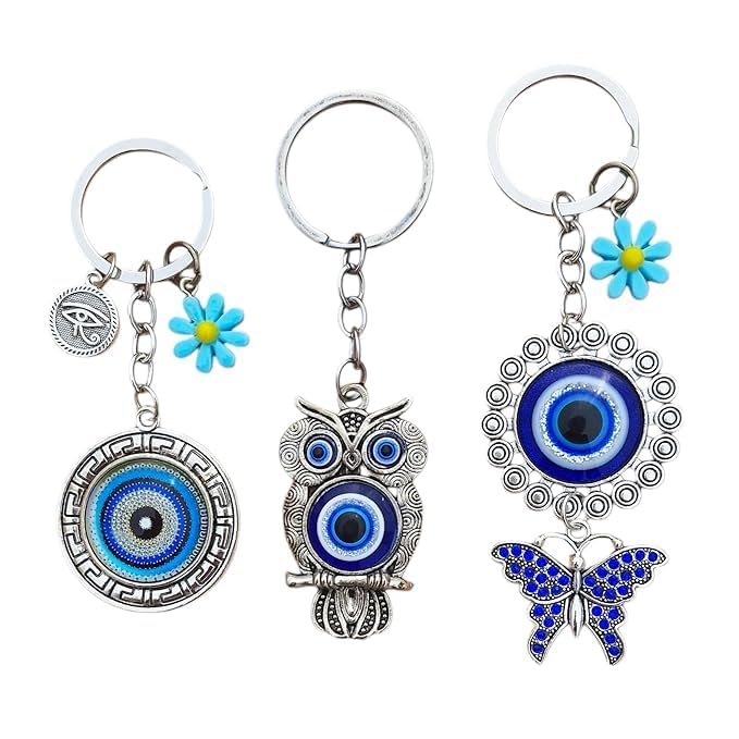 Set of 3 Awesome Evil Eye Keychains with Attached Flower Charm For Girls & Women, Evil-Eye Metal Rhinestones Embedded Butterfly Keyring, EE Round Keychain & Owl Keychain-image-10
