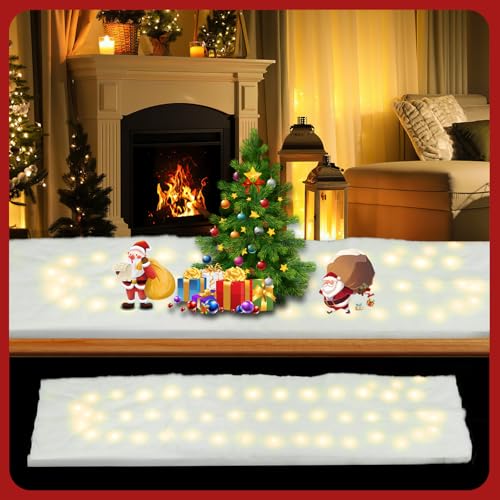 Bindokun Manta de Nieve de Navidad con luz LED, Nieve Artificial 150 x 40 cm, Rollo de Nieve Artificial, Manta de Nieve Suave para Pueblo de Navidad, decoración de Navidad Interior para Mesa/árbol de