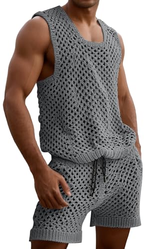 AIEOE Ensemble gilet et short en crochet pour homme - Survêtement 2 pièces - Short et débardeur en tricot - Tenue d'été sans manches - Short avec cordon de serrage