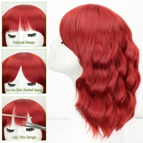 Image of AISI HAIR Red Synthetic Wavy Curly Bob Wig with Bangs Short Wavy Hair for Women Synthetic Heat Resistant Bob Wigs
