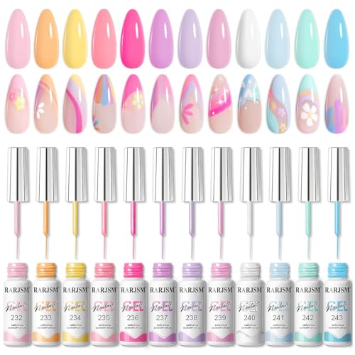 RARJSM Nail Art Gel Liner Gel Nail Polish Set 12 Pastel Colors Collection Creamy Yellow Green Pink Purple White Blue 5ml UV LED Cured Nail Design Painting Striper Thin Brush for Summer Home Salon