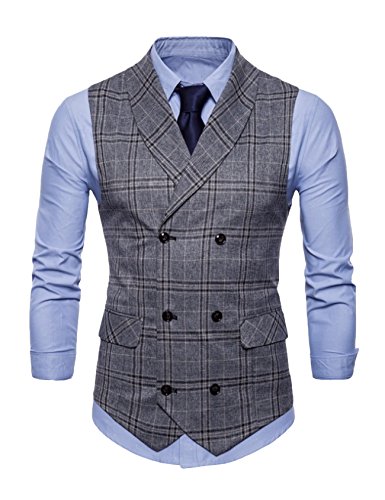 Colete de lapela xadrez fino masculino Bestgift com bolso M cinza