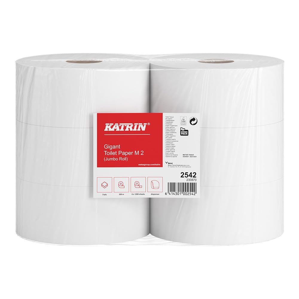 6 Stück Katrin KATRIN Jumbo Toilettenpapier Gigant M2, 2-lagig, weiß, Abrisse: 1200, L: 25cm, B: 8,8cm, Ø: 23cm, Kerndurchmesser: 6,1cm, Laufmeter: 300m