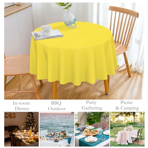 Image of Mulbozy 12 Pack Yellow Round Tablecloth, 84 Inches Plastic Table Cover, Premium Disposable Round Party Tablecloth for Restaurant Dinners, Wedding, Grad Party, Baby Shower, Outdoor Camping