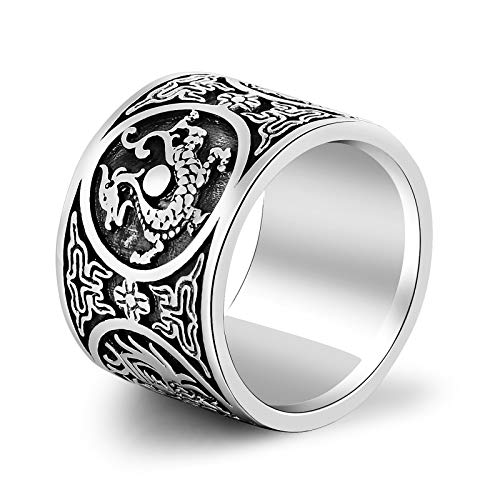 Bague argent 925 chinois pour homme avec anneau large style rétro