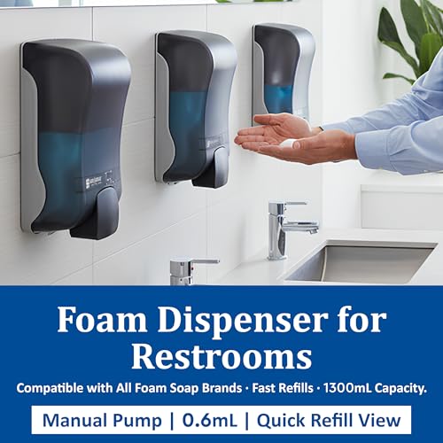 Image of San Jamar Manual Soap Dispenser - 1300 mL Capacity Liquid Dispenser for Bulk Foaming Soaps, Wall Mount, Refillable with Transparent Reservoir Easy Push Bar for Commercial or Office Use, Black Pearl