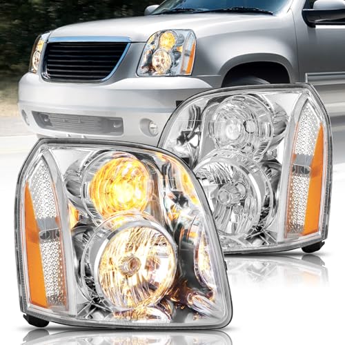 Bingbingmotor Headlight Assembly Fits for 2007-2014 GMC Yukon & Yukon XL 1500 2500 Denali SLE SLT Hybrid Halogen Style Factory DENALI Style Replacement Chrome Housing
