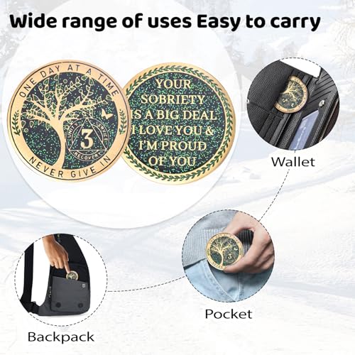Image of LParkin 3 Year Sobriety Coin, Tree of Life Sobriety Coin, AA Medallion, Sobriety Gifts for Women and Men, Sober Anniversary Token, Alcoholics Anonymous Medallion