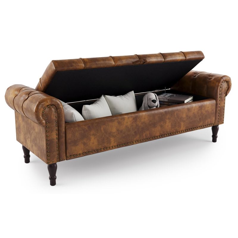 Image of 3-Seater Upholstered Ottoman Bench with Storage | Caramel |62.4 x 20.1 x 20.7 Inch| Elegant Multi-Purpose with 6-Inch Wooden Legs for Living Room, Bedroom, Entryway