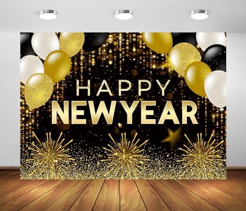 Amazon.com : BELECO 7x5ft Fabric Black and Gold Happy New Year Backdrop ...