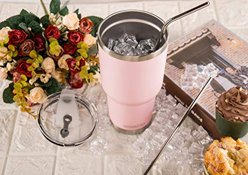 Image of 30oz Sakura Pink Tumbler Stainless Steel Double Wall Vacuum Insulated Mug with Straw and Lid, Cleaning Brush for Cold and Hot Beverages