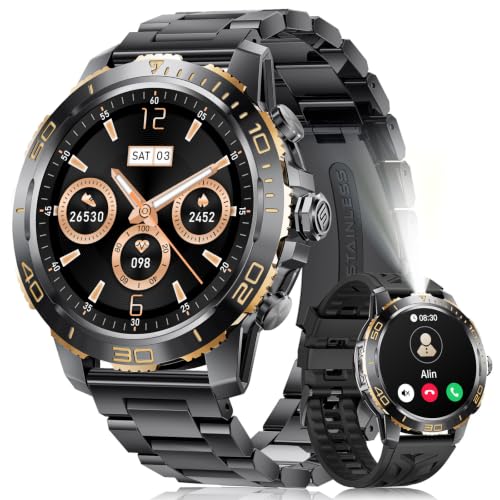 Montre Connectée Homme, 1,43"AMOLED Smartwatch avec Lampe Torche, Appels Bluetooth, 800 mAh, IP68 Étanche, 200+ Modes Sportifs, Suivi de la Fréquence Cardiaque et Sommeil iOS/Android, Noir