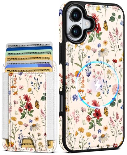 Shorogyt for iPhone 17 Wallet Case - Fits 5 Cards, Compatible with Magsafe Detachable Magnetic Credit Card Holder Leather Cardholder Cute Phone Cover Women Girls for Apple 17, Floral