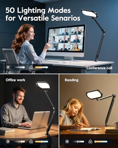 Image of LED Desk Lamp for Home Office, Double-Sided Desk Light with Stepless Dimmable Knob, Memory, Adjustable Arm Clip for Video Recording, Zoom Call, Studio