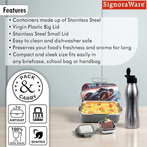 Image of SIGNORA WARE Delight C Chipmunk Stainless Steel Printed Lunch Box Set for Kids | Airtight Clip Lock Lid | Compact & Sleek Size | Great for Picnics & Outdoors (850ml + 160ml + 750ml Bottle | Grey)