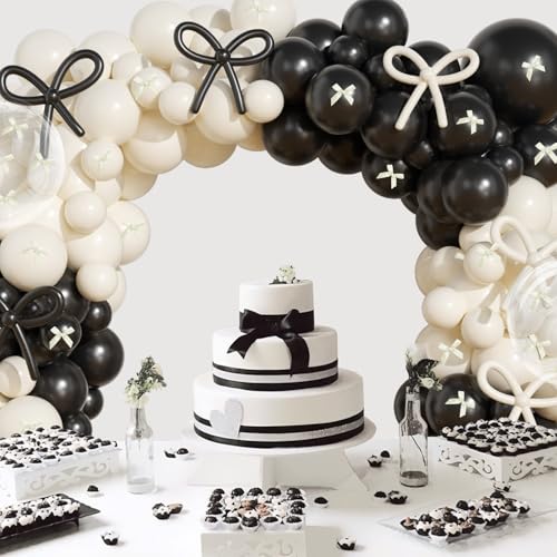 Image of Black and White Balloon Arch Kit, JOGAMS 199Pcs Black and White Bow Birthday Decorations with 260 Clear Balloons Ribbon Bow for Coquette Bow Birthday Bachelorette Baby Shower Bridal Shower Wedding