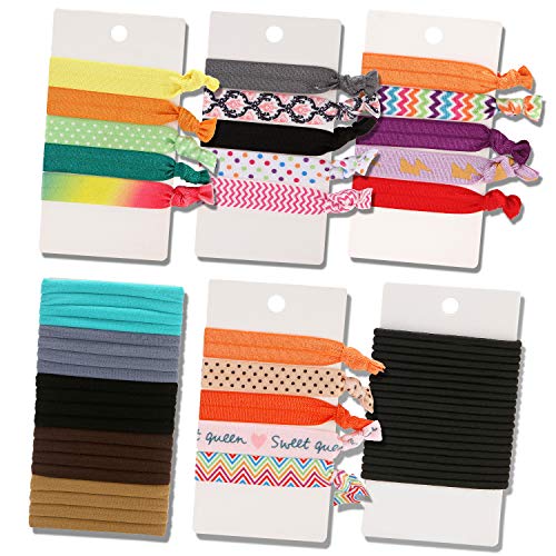 Hair Ties Ponytail Holders - 60 Count Women Girls No Crease Ouchless Hair Ties Rope Set Including 20 Basic Black,20 Prints and Solids Ribbon,20 Cotton Hair Bands for Thick Hair
