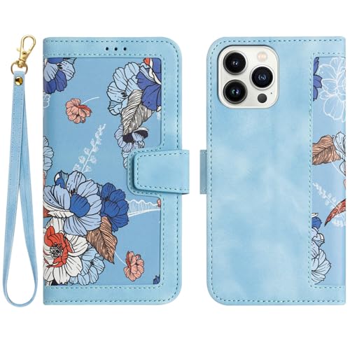 Coque iPhone 13 fleur bleue avec porte-carte pour simplifier vos sorties quotidiennes