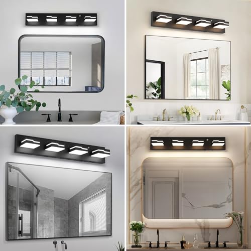 Image of 4-Light LED Bathroom Vanity Light, 25.5-Inch Matte Black | Vanity Light Fixture with Wireless Motion Sensor, 3CCT Dimmable Lighting Over Mirror, Adjustable Acrylic Heads