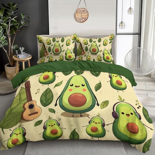Juego De Ropa De Cama De Música Aguacate Impresión 3D,Juego De Ropa De Cama De Animales De Dibujos Animados 3 Piezas,Juego De Funda De Edredón De Microfibra con Cremallera 220X260Cm Verde Crema