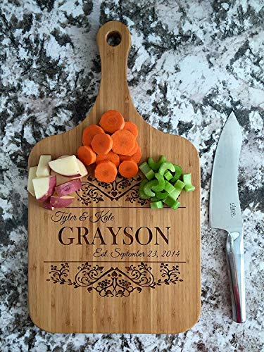 Personalized Engraved Cutting Board (Grayson Design) with Handle Housewarming and Wedding Gift for Kitchen (10 x 18 Bamboo Paddle Shaped)