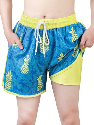 Monbessi Bañador Niño con Bolsillos Estampados de Verano Shorts Forro 2 en 1 de Compresión Pantalones Cortos Niño(XL, Piña)
