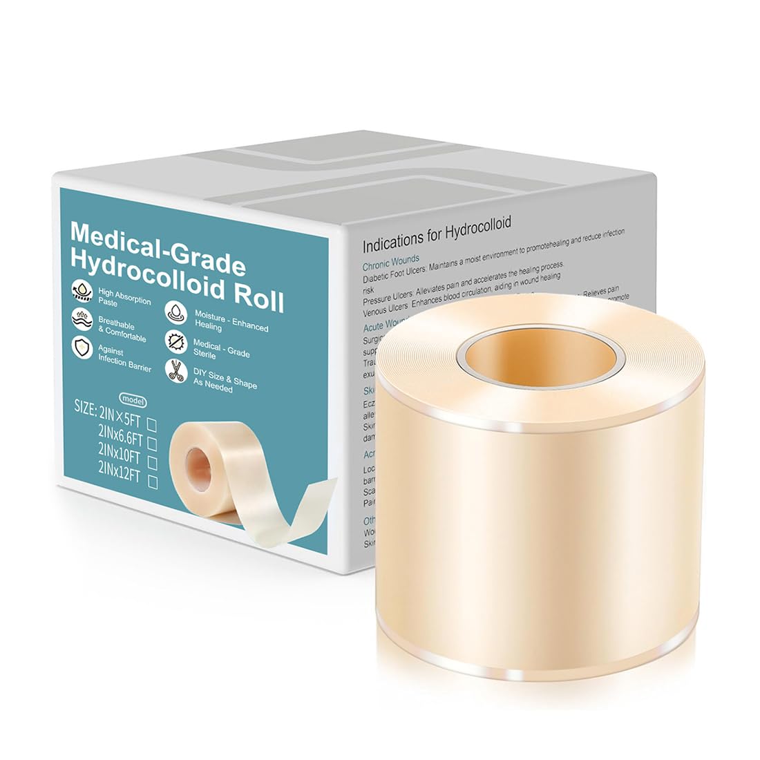 1 scatola Medicazione a Rullo in Idrocolloide, Rullo Autocucito 5cmx3.6m, Ampi Cerotti in Idrocolloide per Ferite, Cerotto Impermeabile, Invisibile, Essenziale per la Casa, Autoadesivo.