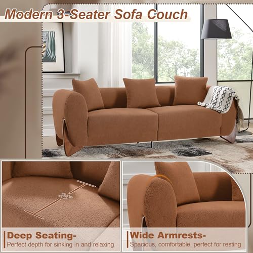 Image of 87 inch Sherpa Boucle Cloud Couch with Ottoman, Deep Seat Modern 3 Seater Sofa with Solid Wood Legs 25 inch Extra Comfy Thick Cushion Upholstered Sofa Couches with 3 Pillows for Living Room, Caramel