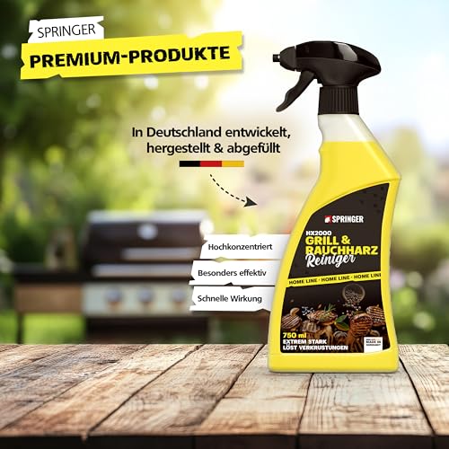 SPRINGER HX2000 - - Grillreiniger 750 ml + Grillschwamm - - Made in Germany - - Rauchharzentferner für hartnäckigen Schmutz & Eingebranntes - - Backofen-Reiniger für Guss, Edelstahl, Glas etc.